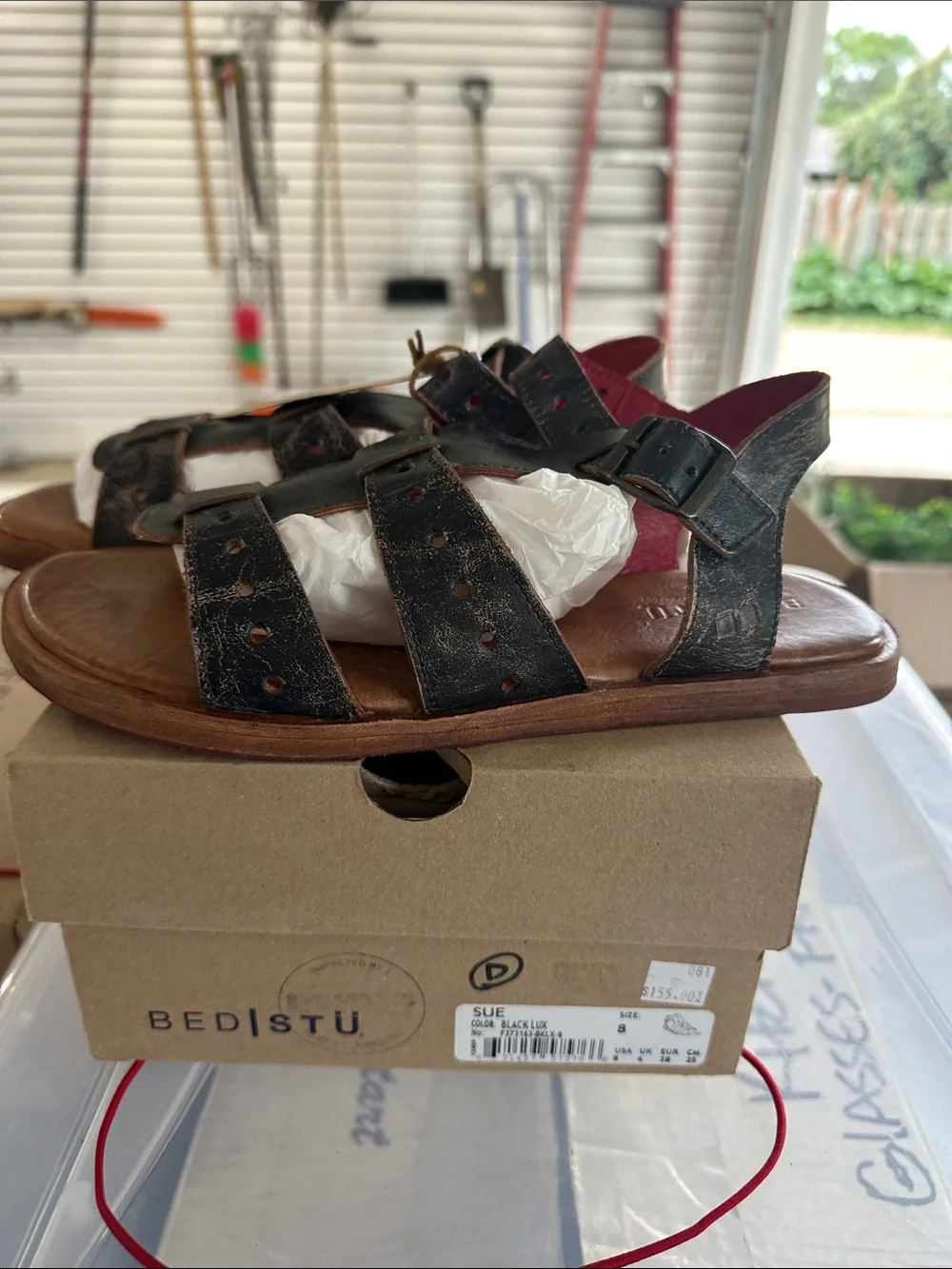 BED|STU Black Leather Woven Fisherman Sandals with Brown Soles